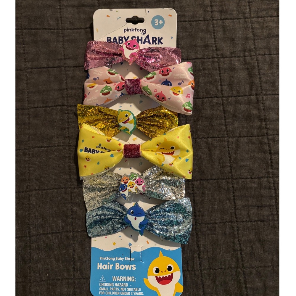 Pinkfong‎ Baby Shark Hair Bows 6 Pack Glitter Satin Alligator Clips